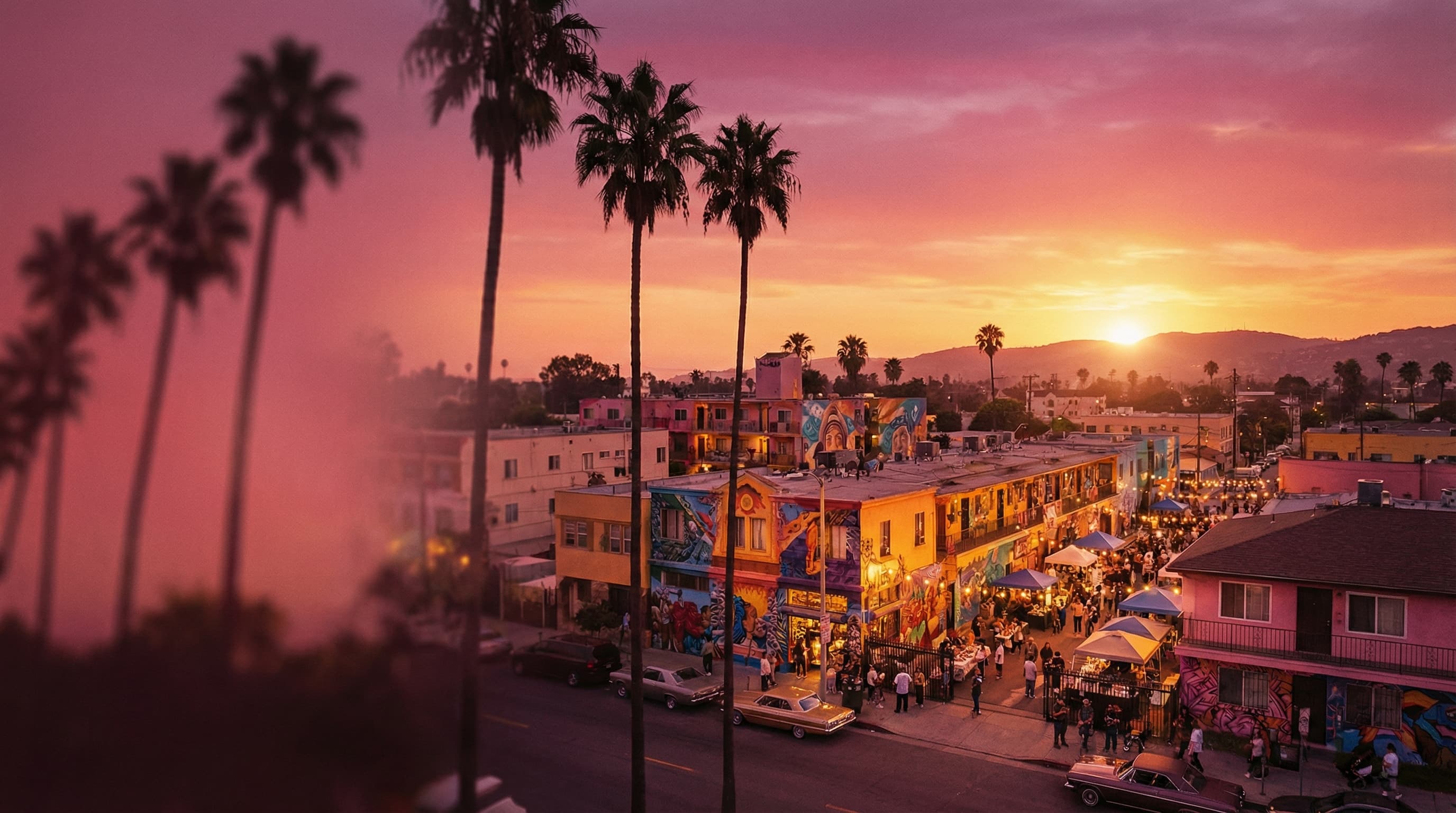 Los Angeles al atardecer — palmas, murales y vida de barrio
